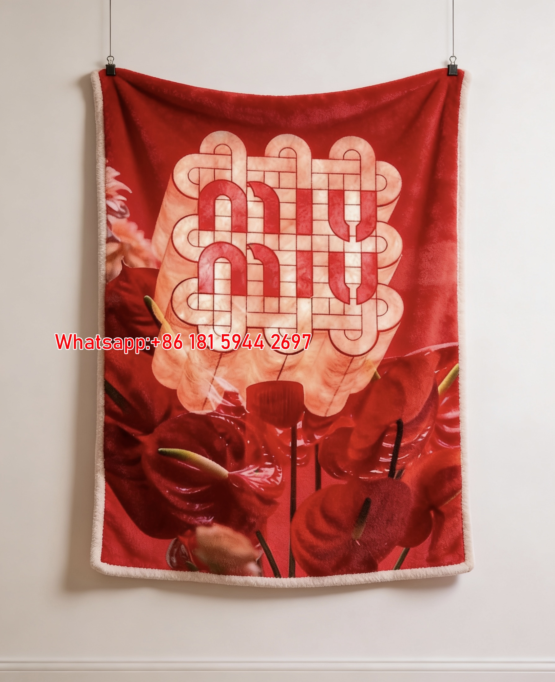 Miu Miu Ruby Red Flannel Throw Blanket with Iconic Lantern Logo Print IMG_0420